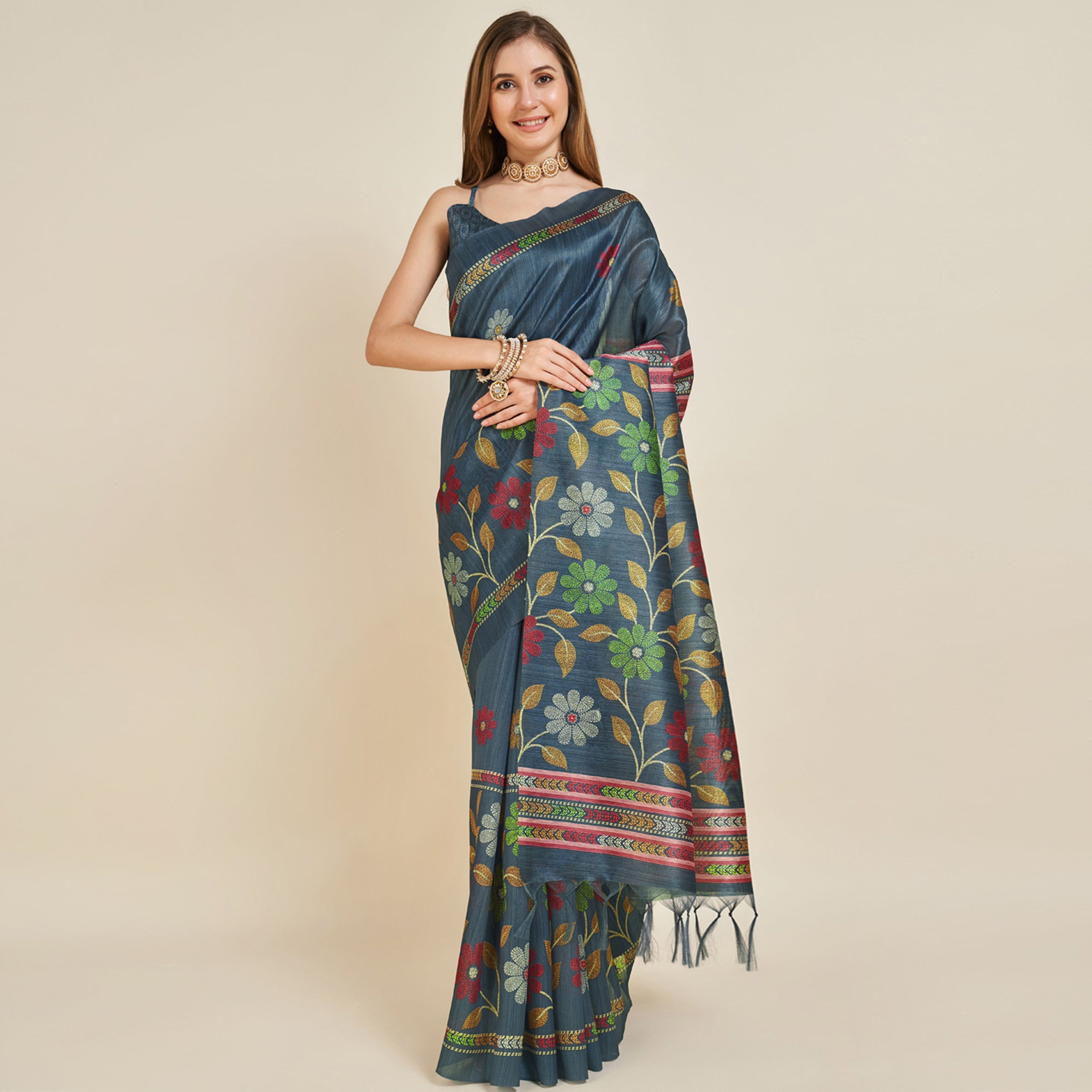 Bluish Grey Digital Printed Bhagalpuri Silk Saree With Tassels