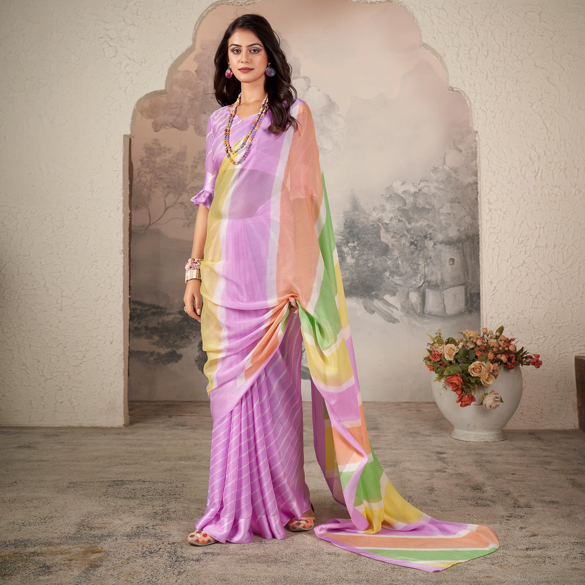 Purple Printed Chiffon Saree
