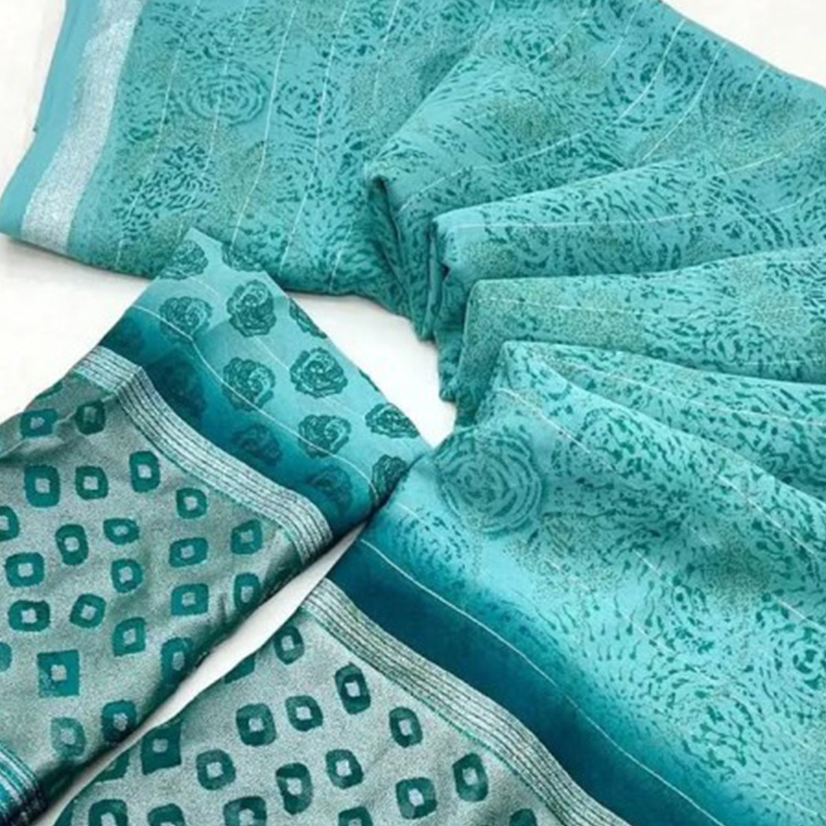 Turquoise Floral Printed Chiffon Saree