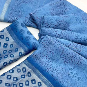 Blue Floral Printed Chiffon Saree