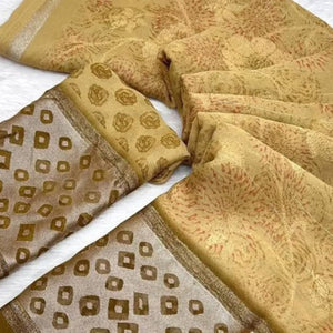 Beige Floral Printed Chiffon Saree