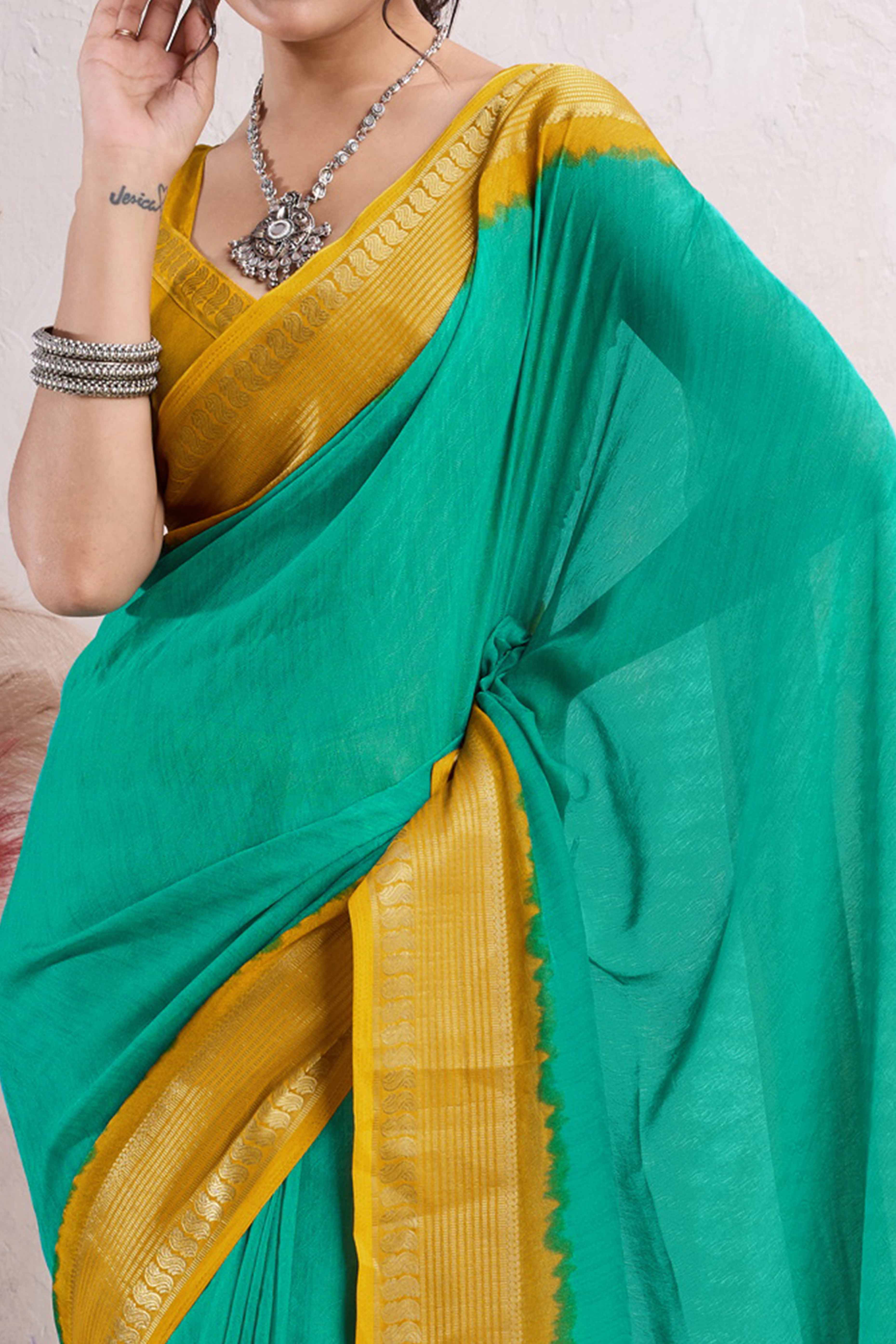 Turquoise Printed Cotton Silk Saree With Jacquard Border