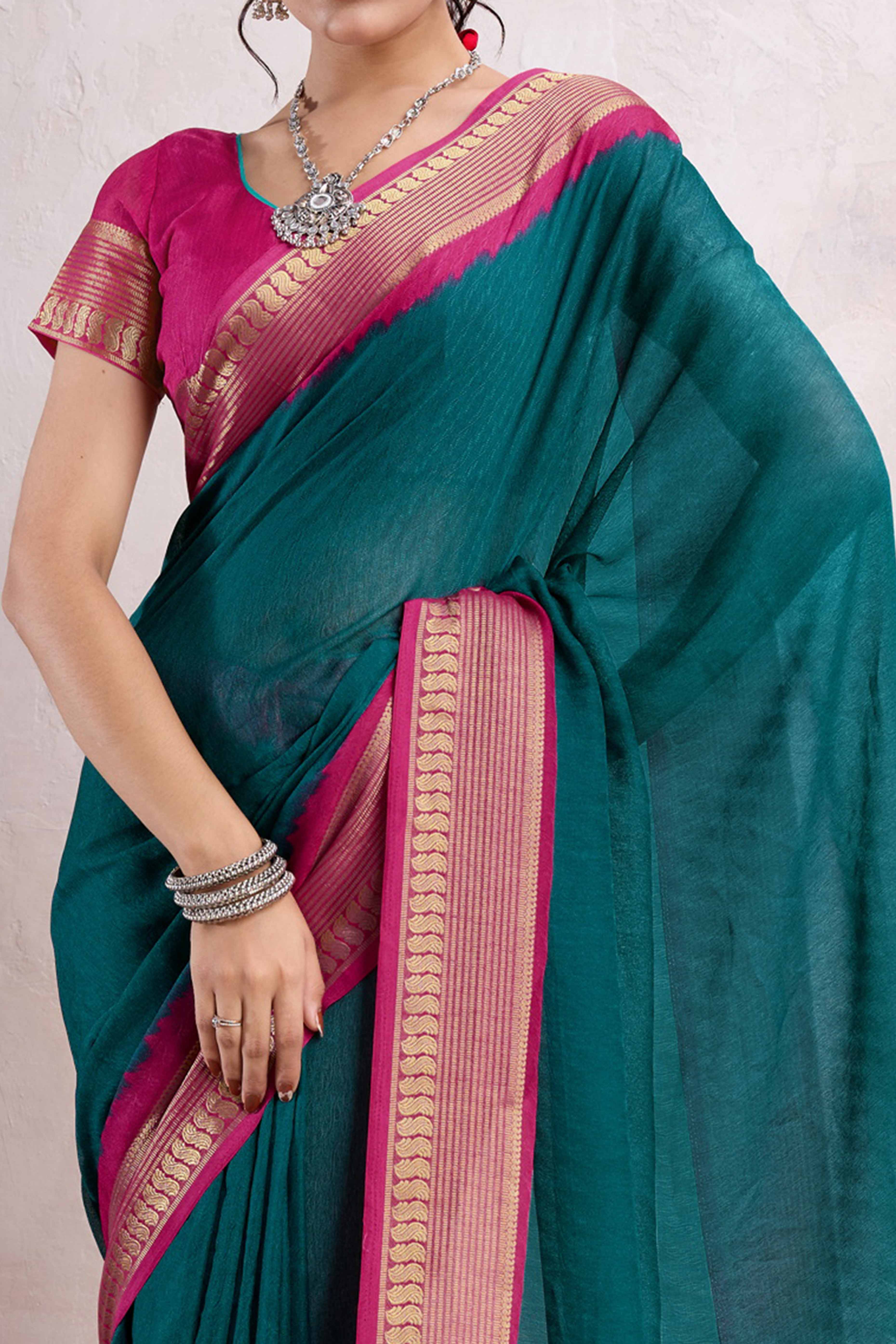 Morpich Green Printed Cotton Silk Saree With Jacquard Border