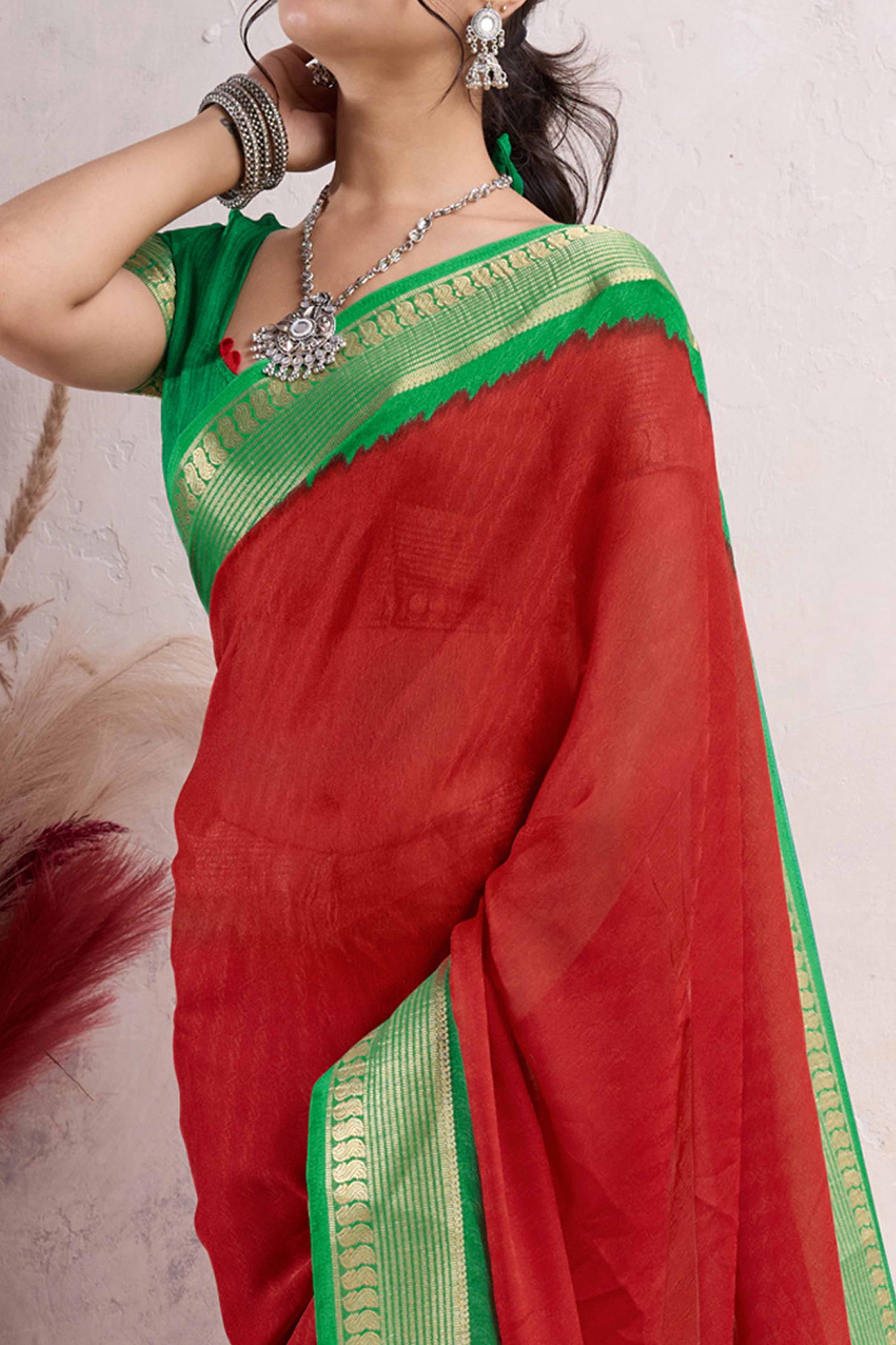 Red Printed Cotton Silk Saree With Jacquard Border