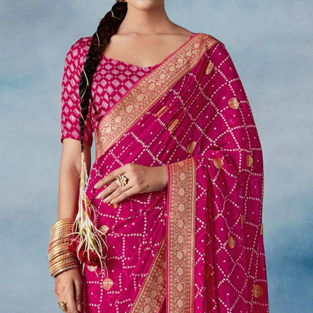 Pink Bandhani Foil Printed Georgette Saree