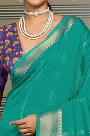 Rama Green Striped Pattern Bemberg Saree Adorned With Intricate Zari Weaving & Graceful Tassel Pallu