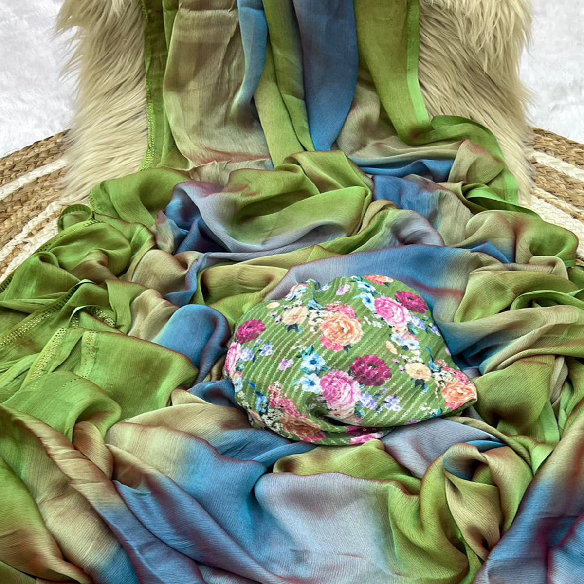 Multicolor Ombre Printed Chiffon Saree