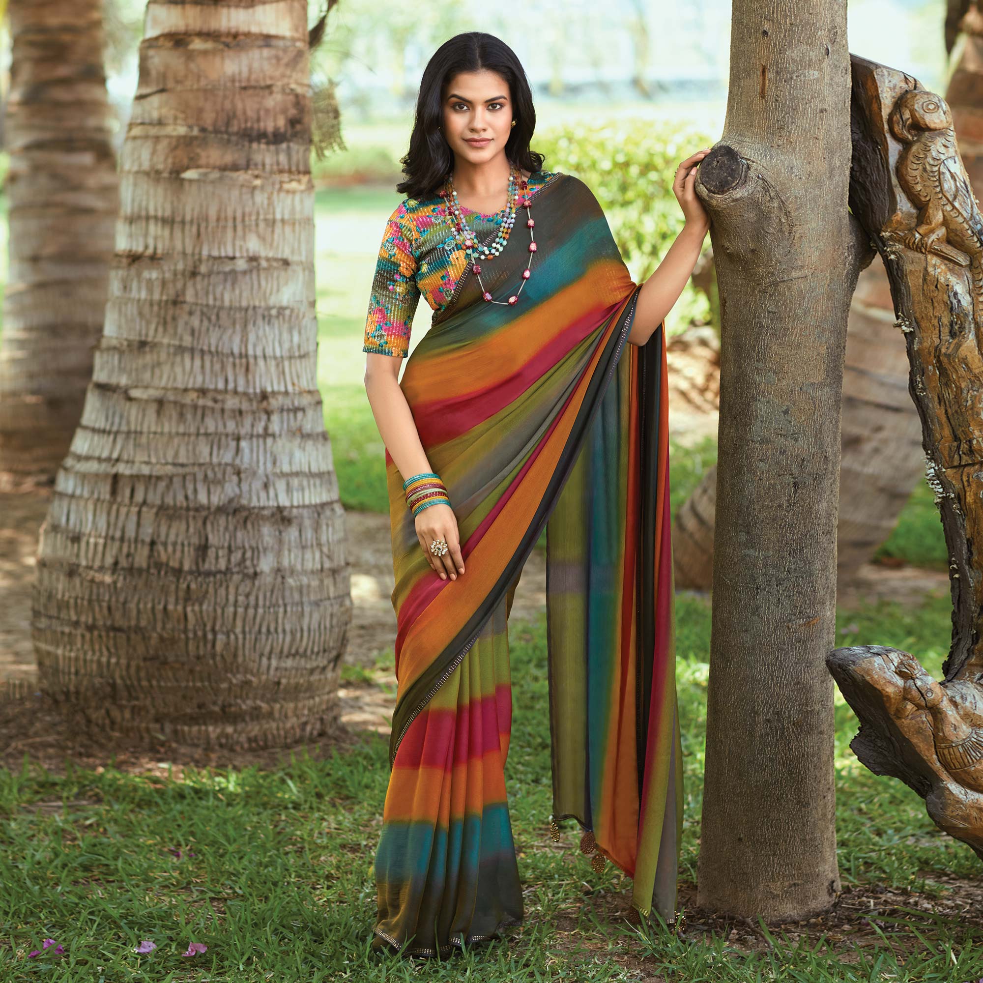 Multicolor Striped Printed Chiffon Saree