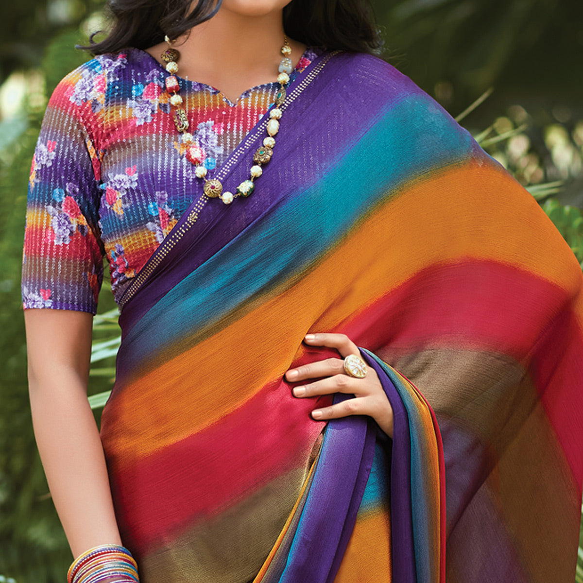 Multicolor Striped Printed Chiffon Saree
