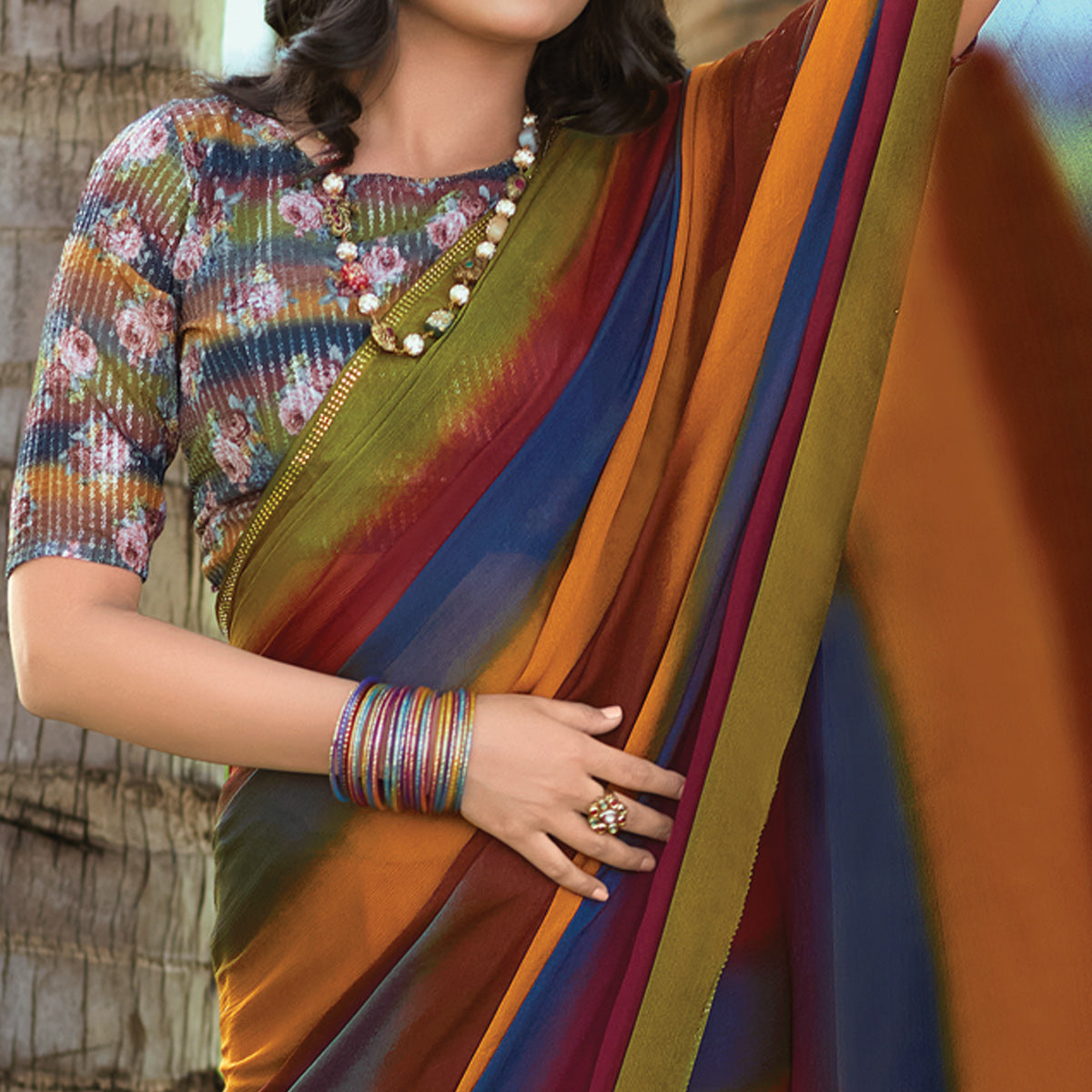 Multicolor Striped Printed Chiffon Saree