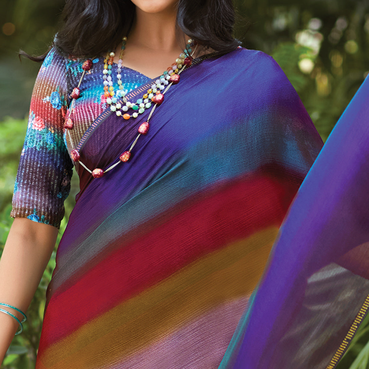 Multicolor Striped Printed Chiffon Saree