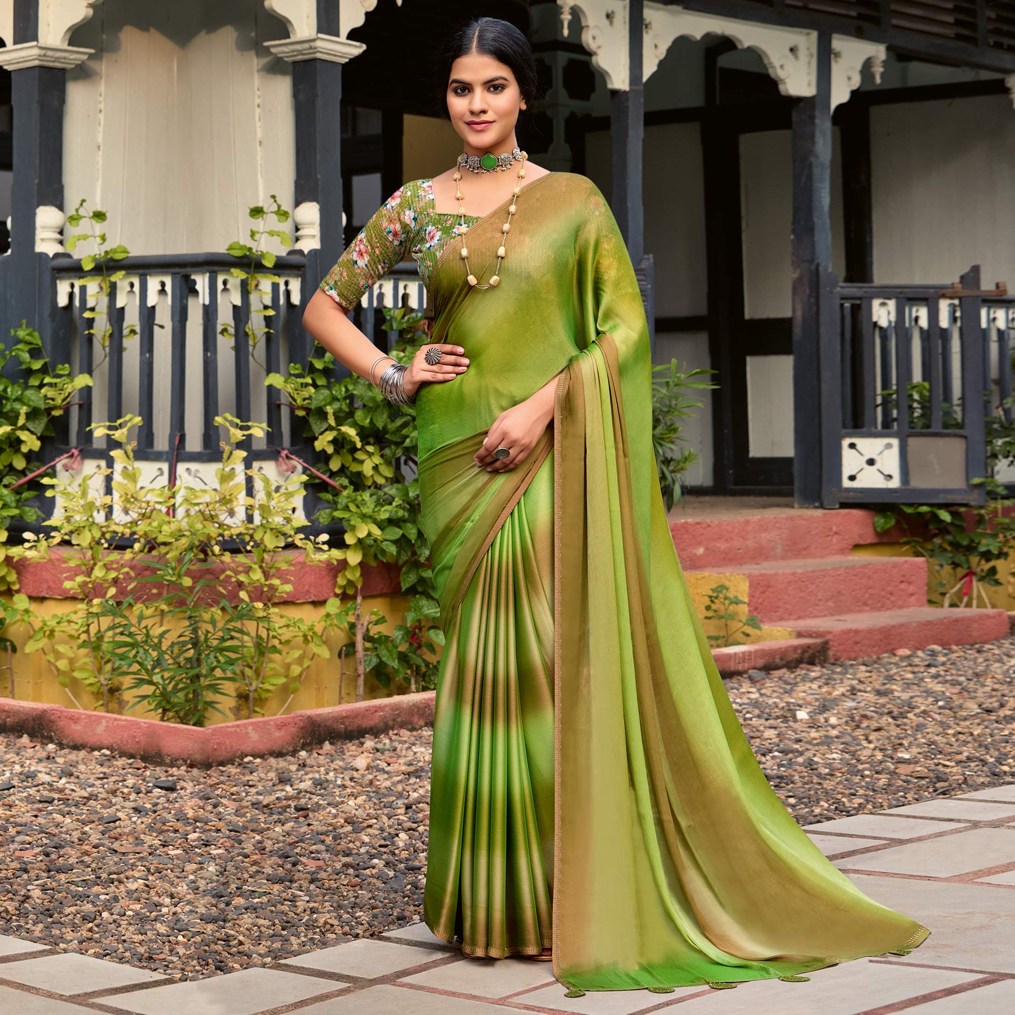 Green Ombre Print Chiffon Sarees