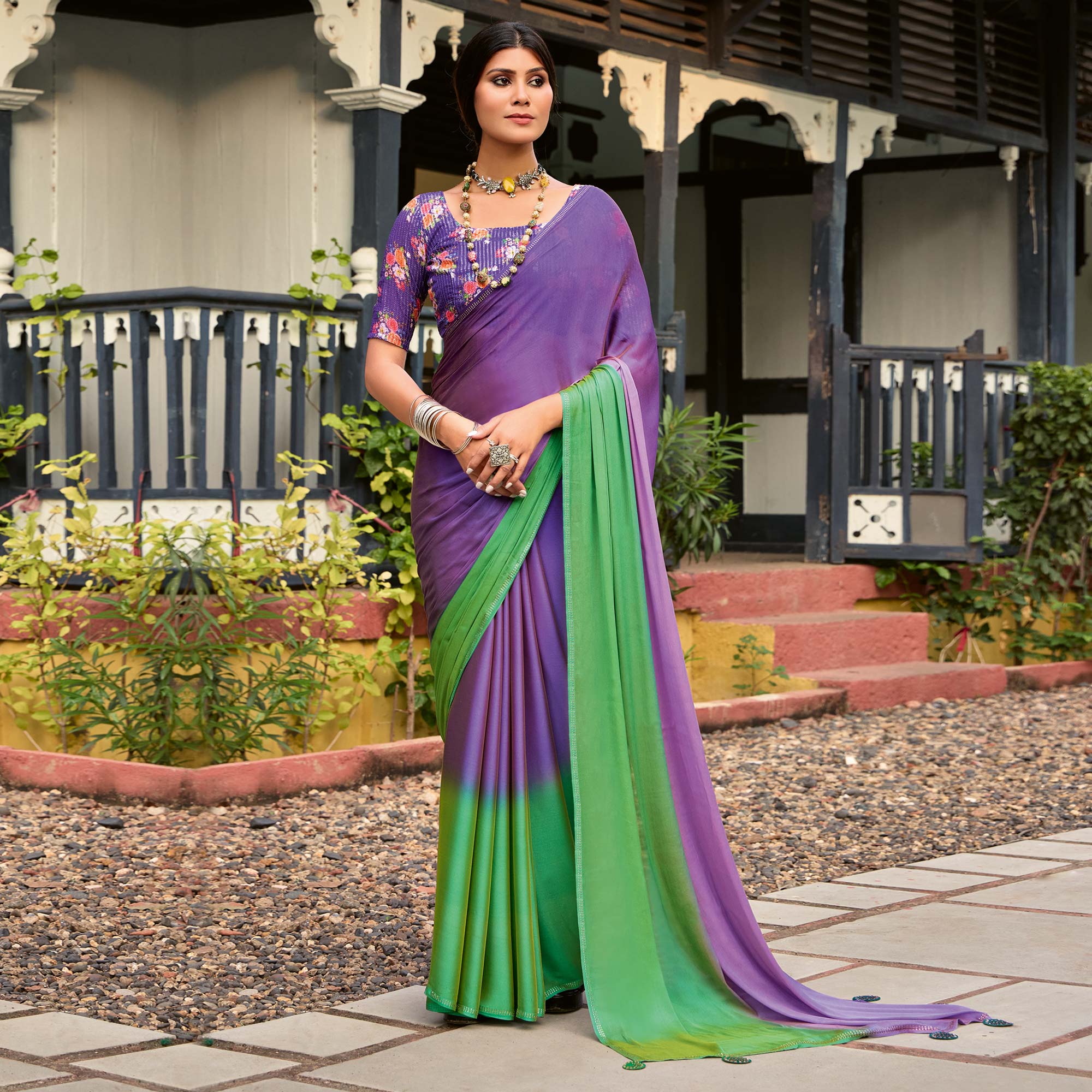 Purple & Green Ombre Print Chiffon Sarees