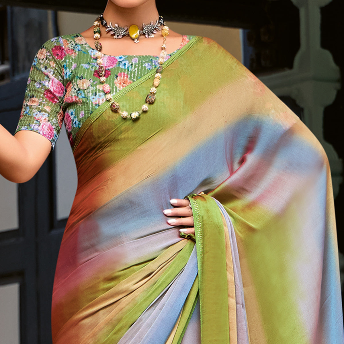 Green & Grey Ombre Print Chiffon Sarees