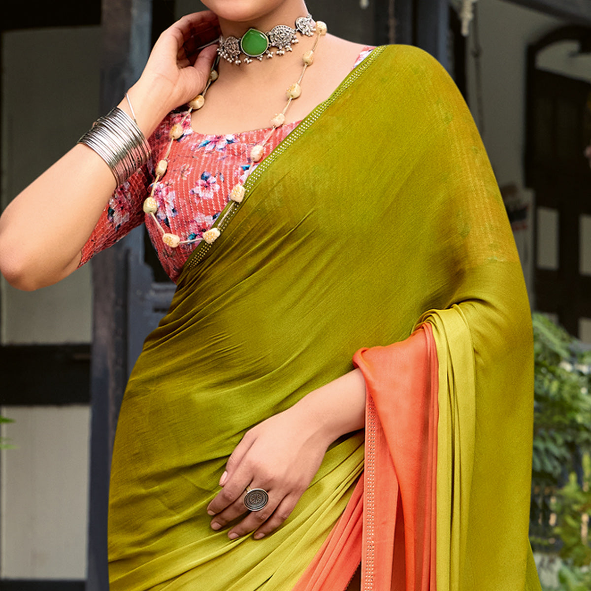 Olive Ombre Print Chiffon Sarees