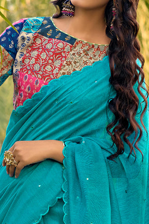 Timeless Blue Cotton Blend Drape Highlighted With Shimmering Mirror Embroidery Work