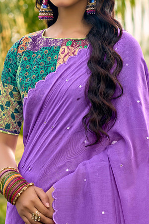 Timeless Purple Cotton Blend Drape Highlighted With Shimmering Mirror Embroidery Work