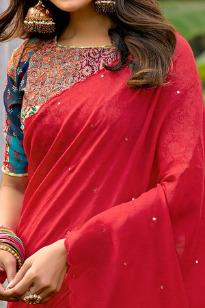 Timeless Cherry Red Cotton Blend Drape Highlighted With Shimmering Mirror Embroidery Work