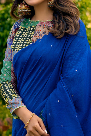 Timeless Royal Blue Cotton Blend Drape Highlighted With Shimmering Mirror Embroidery Work