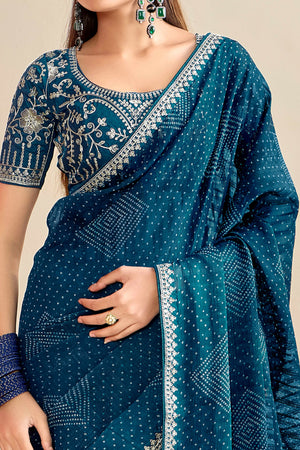 Dark Teal Blue Bandhani Printed Charm In Georgette With Sparkling Sequin Embroidered Border