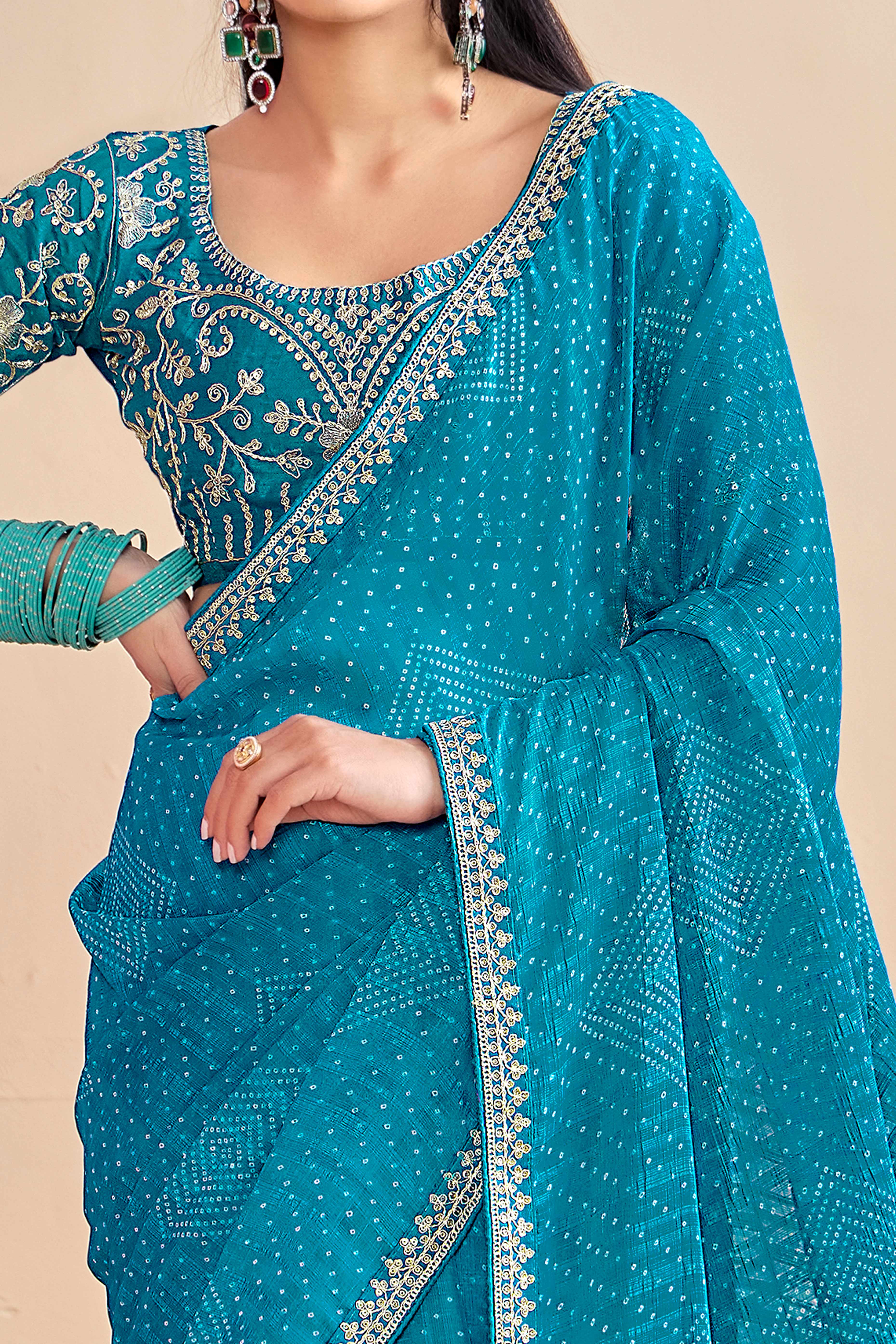 Blue Bandhani Printed Charm In Georgette With Sparkling Sequin Embroidered Border