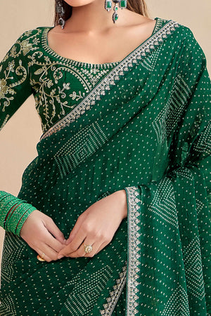 Bottle Green Bandhani Printed Charm In Georgette With Sparkling Sequin Embroidered Border