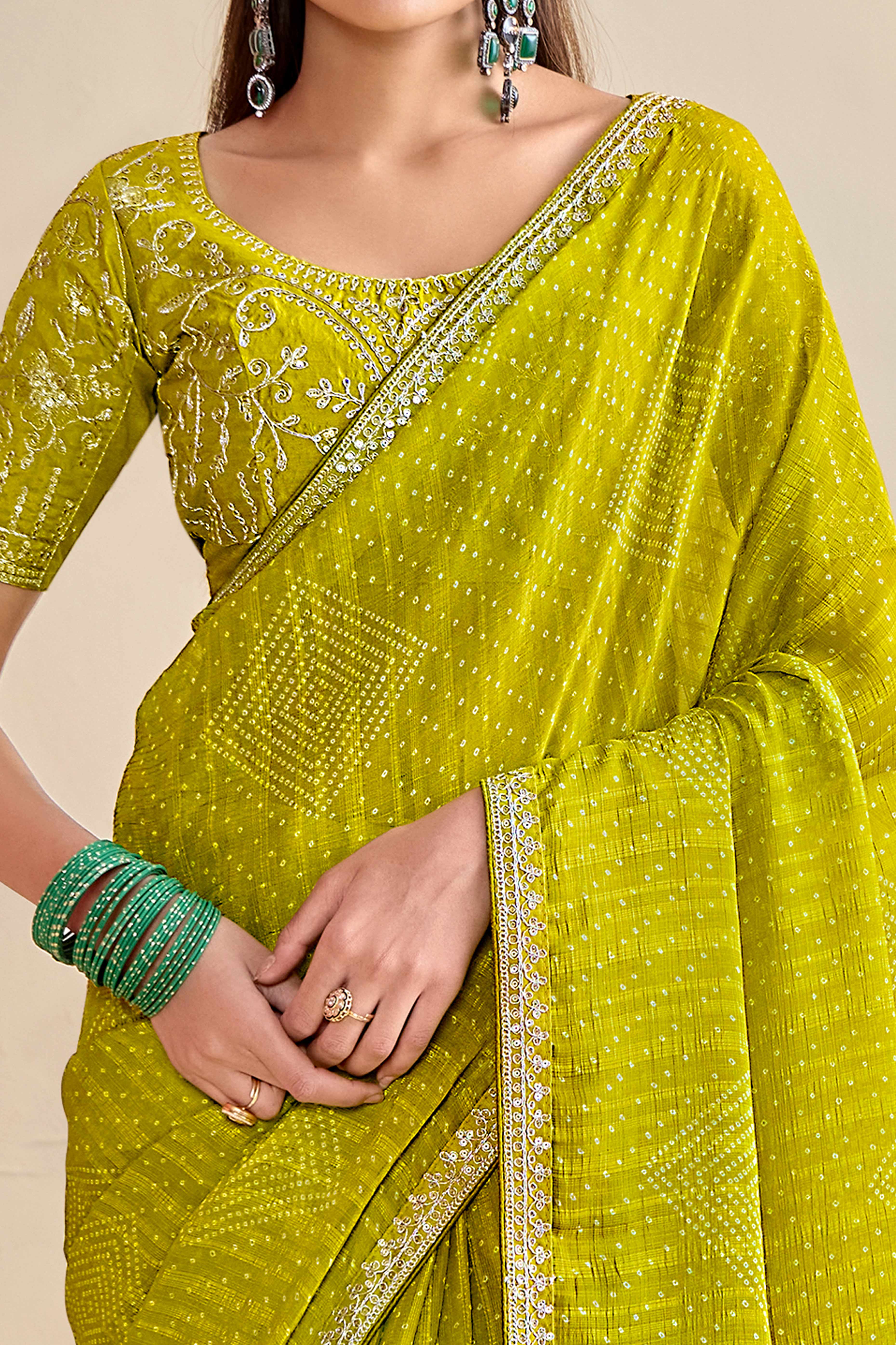 Lime Green Bandhani Printed Charm In Georgette With Sparkling Sequin Embroidered Border