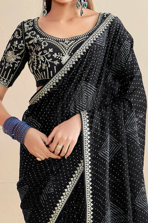 Black Bandhani Printed Charm In Georgette With Sparkling Sequin Embroidered Border