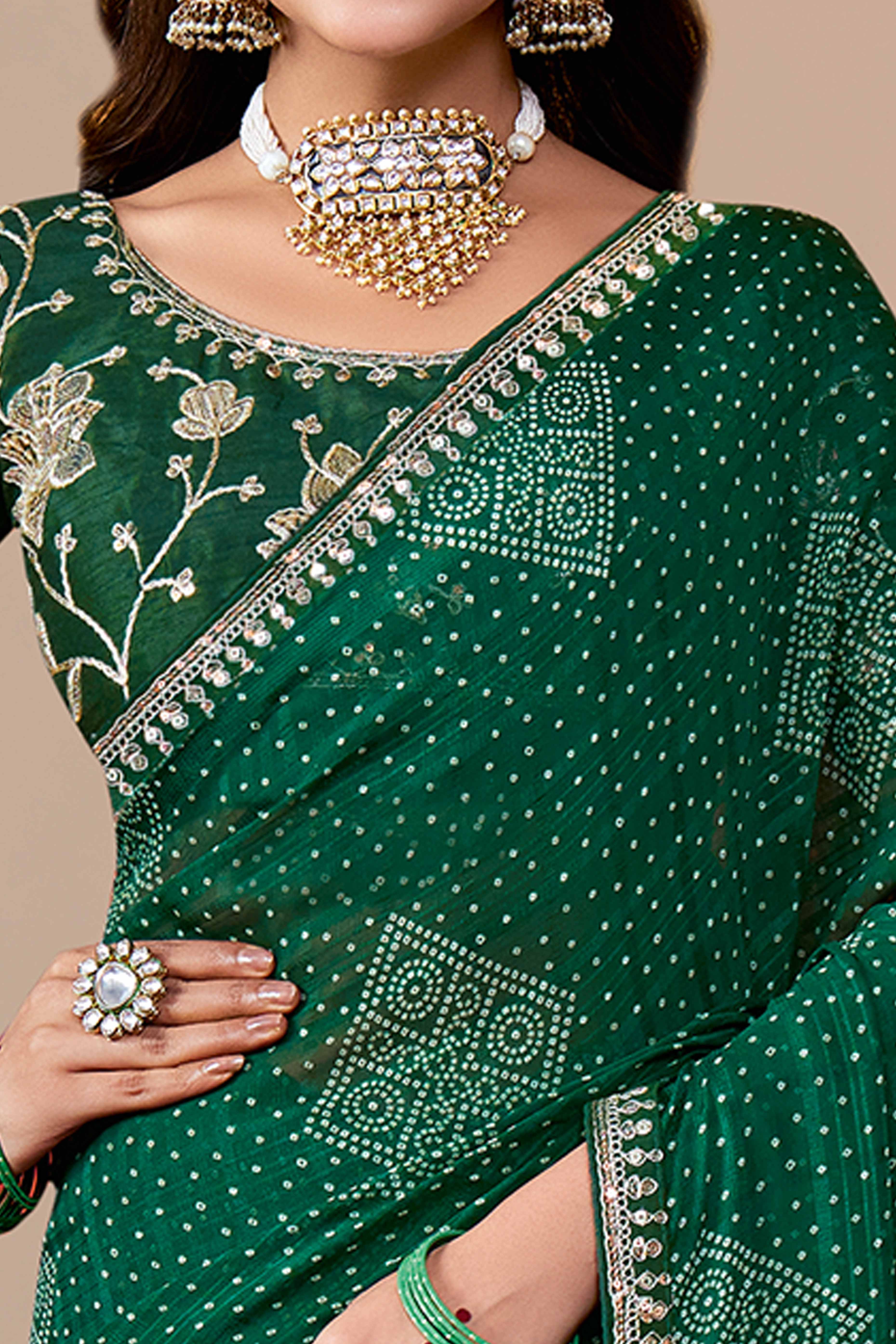 Green Bandhani Printed Georgette Saree Enhanced With Sequins & Cording Embroidered Lace Border