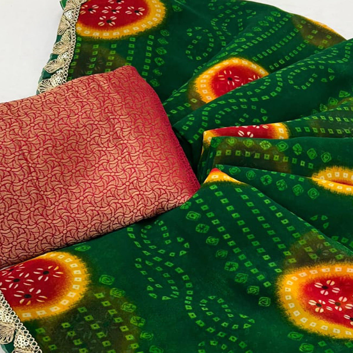 Green Bandhani Printed Georgette Saree With Sequins Border