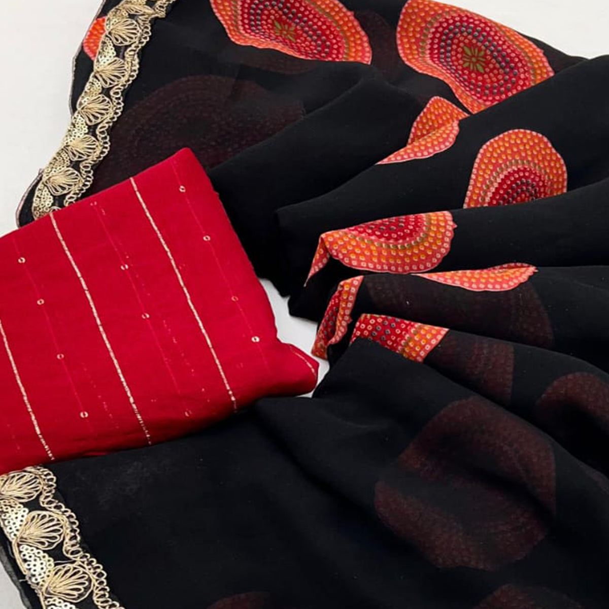 Black Bandhani Printed Georgette Saree With Sequins Border