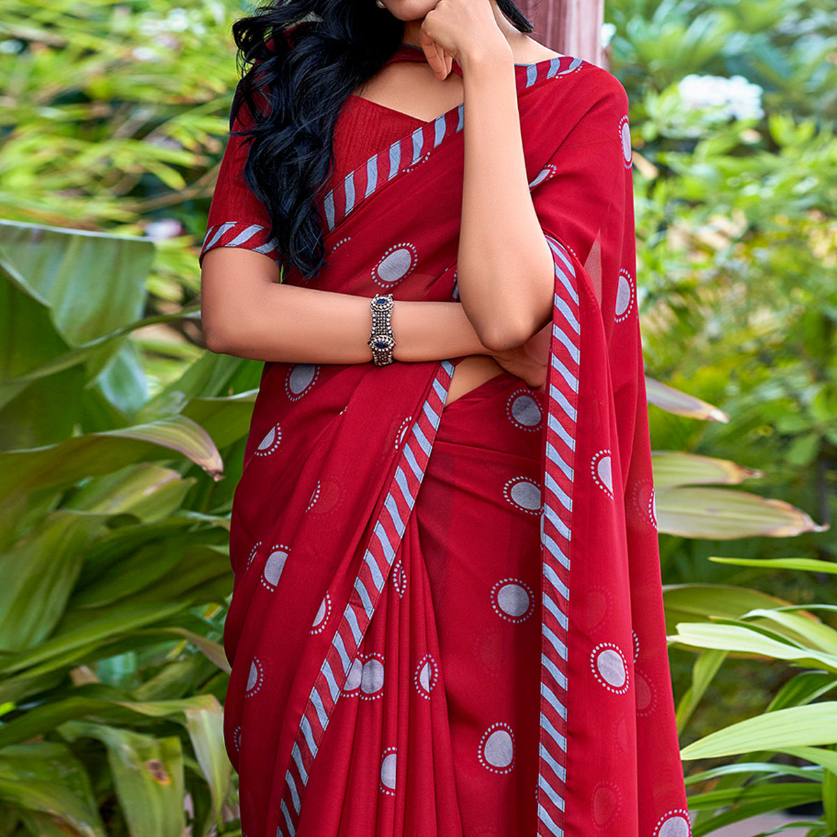 Red Printed Georgette Saree
