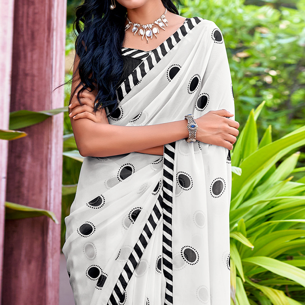White Printed Georgette Saree