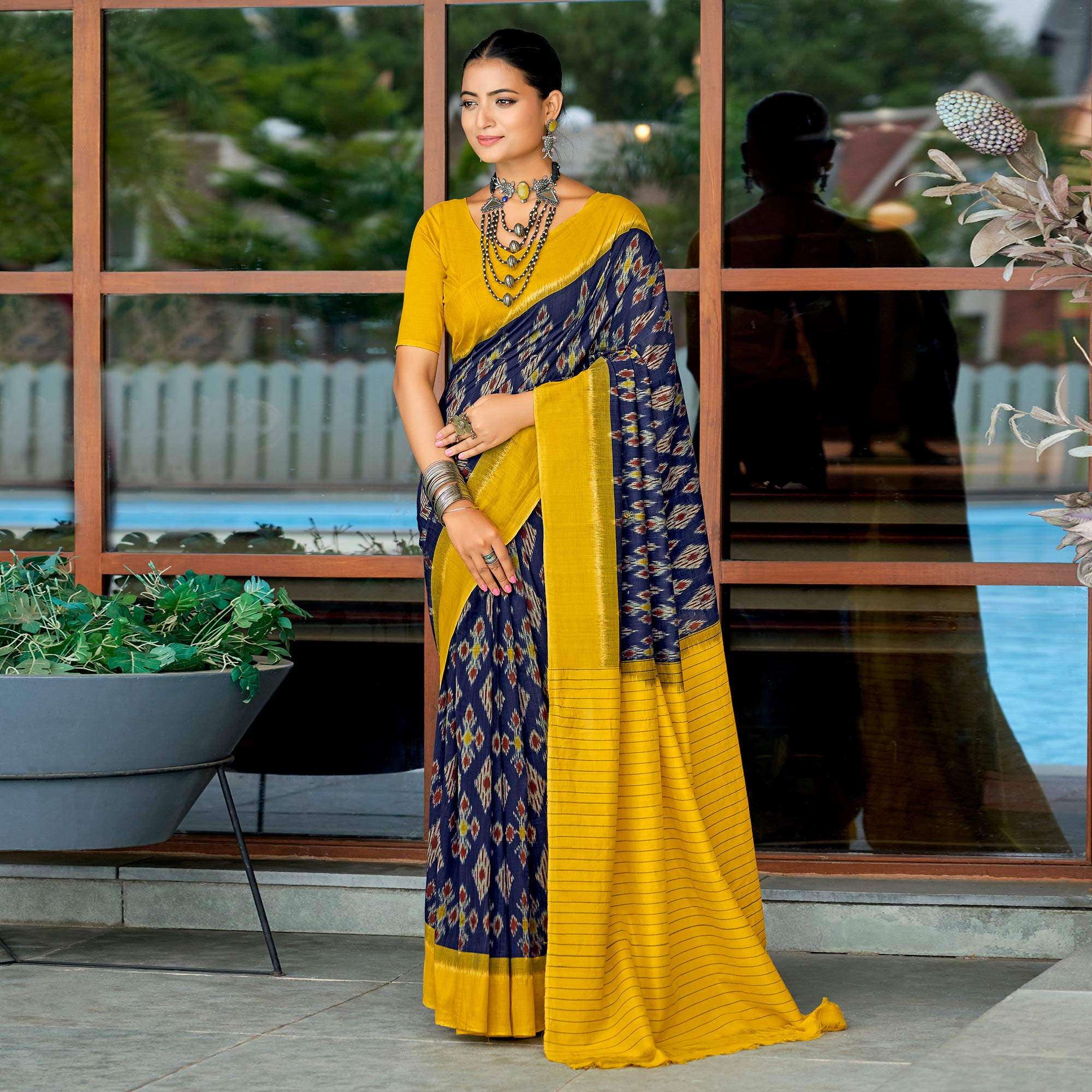 Blue & Mustard Ikkat Printed Mulmul Cotton Saree