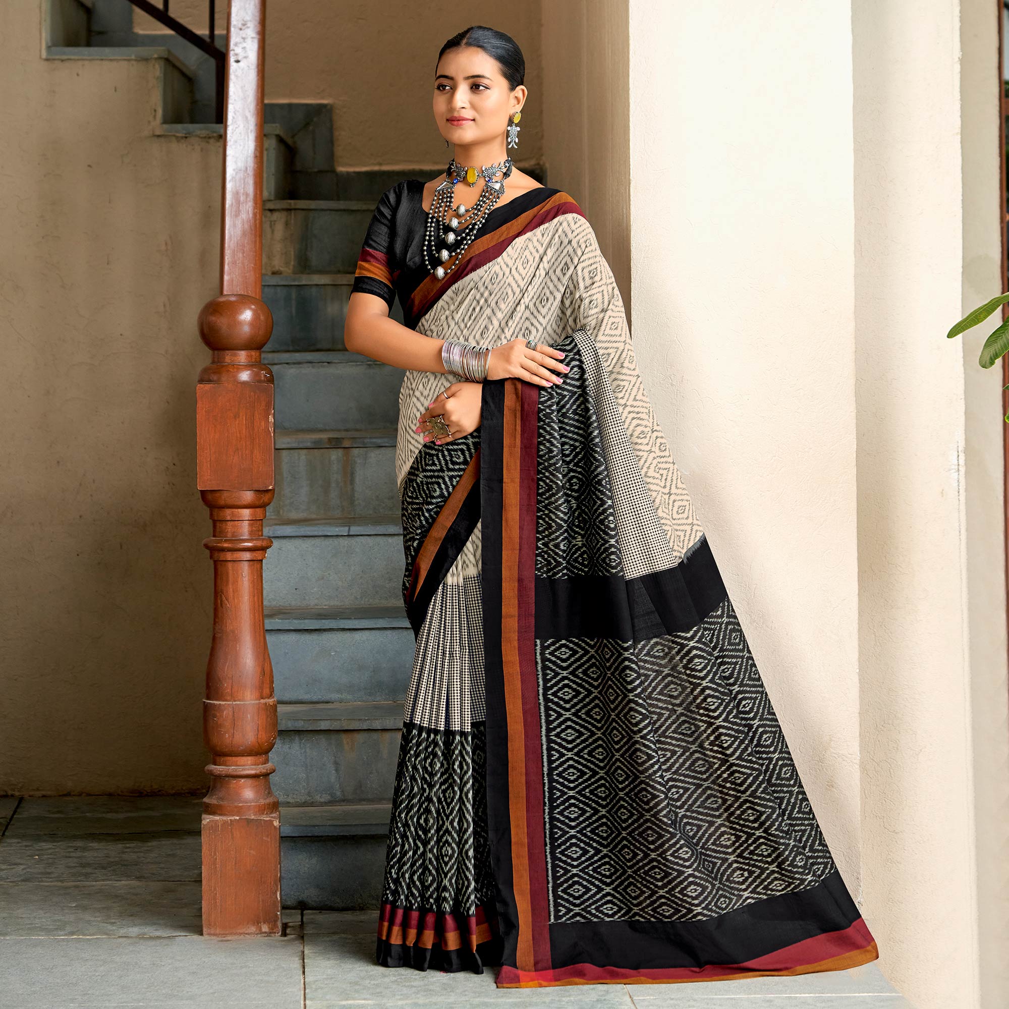 Beige & Black Ikkat Printed Mulmul Cotton Saree