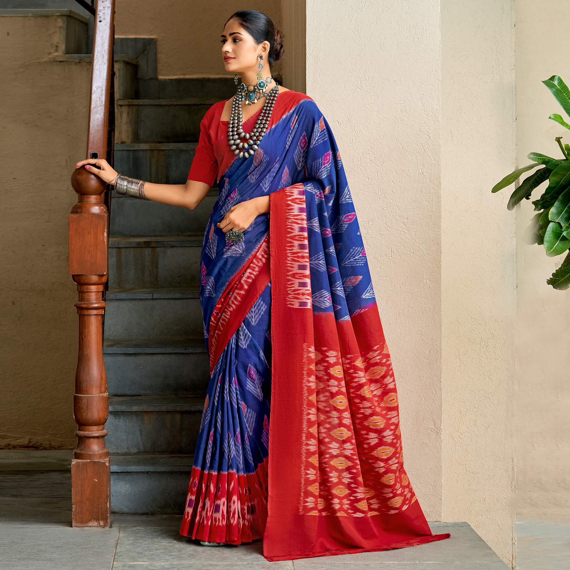 Blue & Red Ikkat Printed Mulmul Cotton Saree