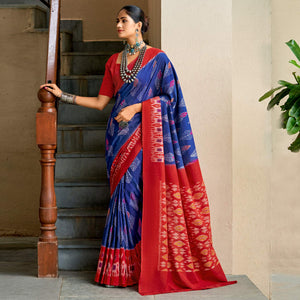 Blue & Red Ikkat Printed Mulmul Cotton Saree
