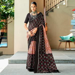 Black & Peach Ikkat Printed Mulmul Cotton Saree