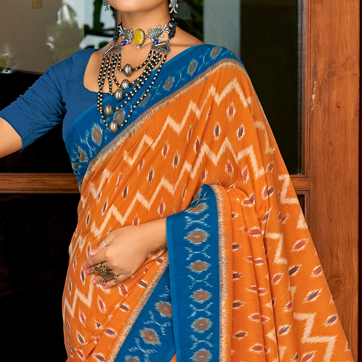 Orange & Blue Ikkat Printed Mulmul Cotton Saree
