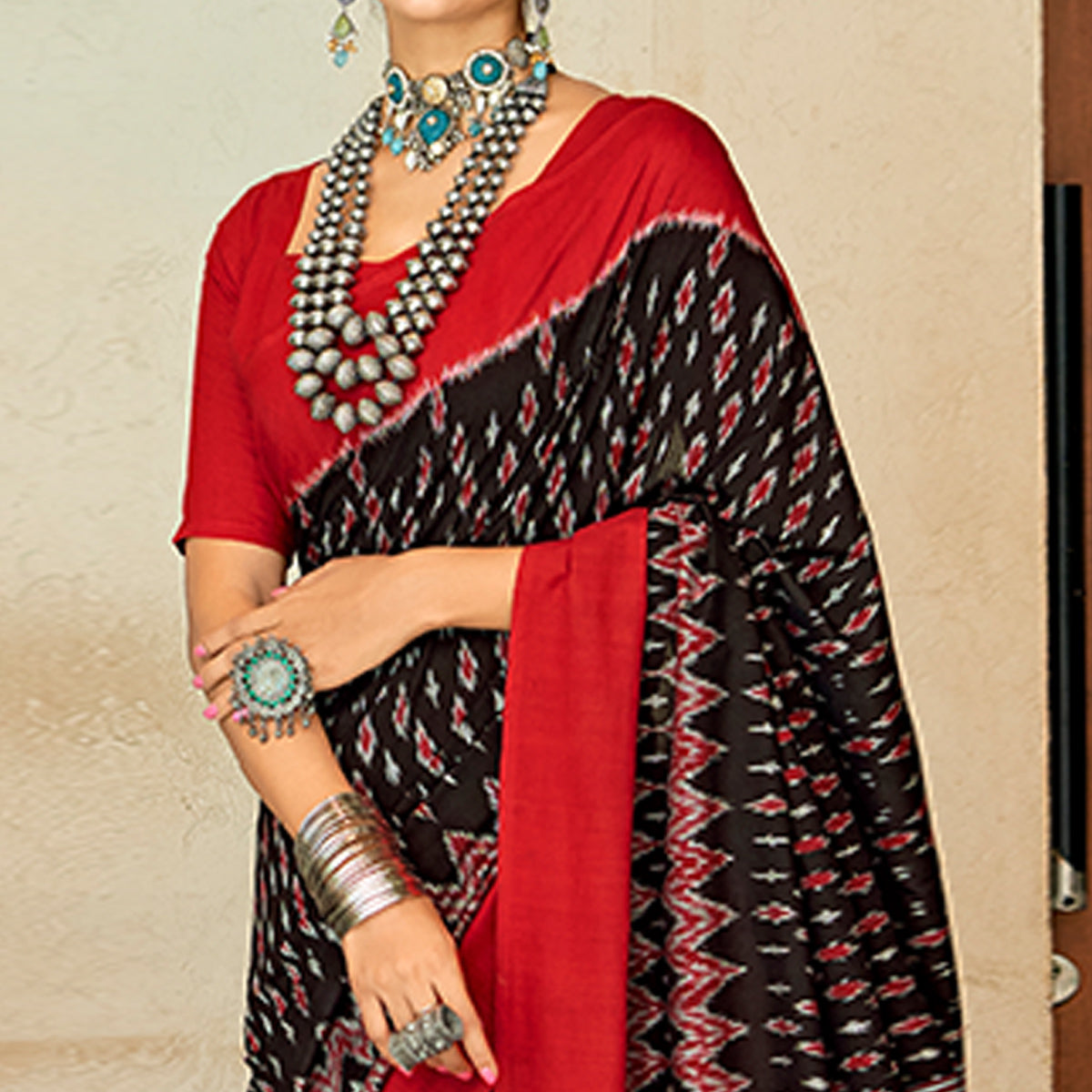 Black & Red Ikkat Printed Mulmul Cotton Saree