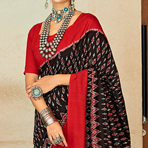 Black & Red Ikkat Printed Mulmul Cotton Saree