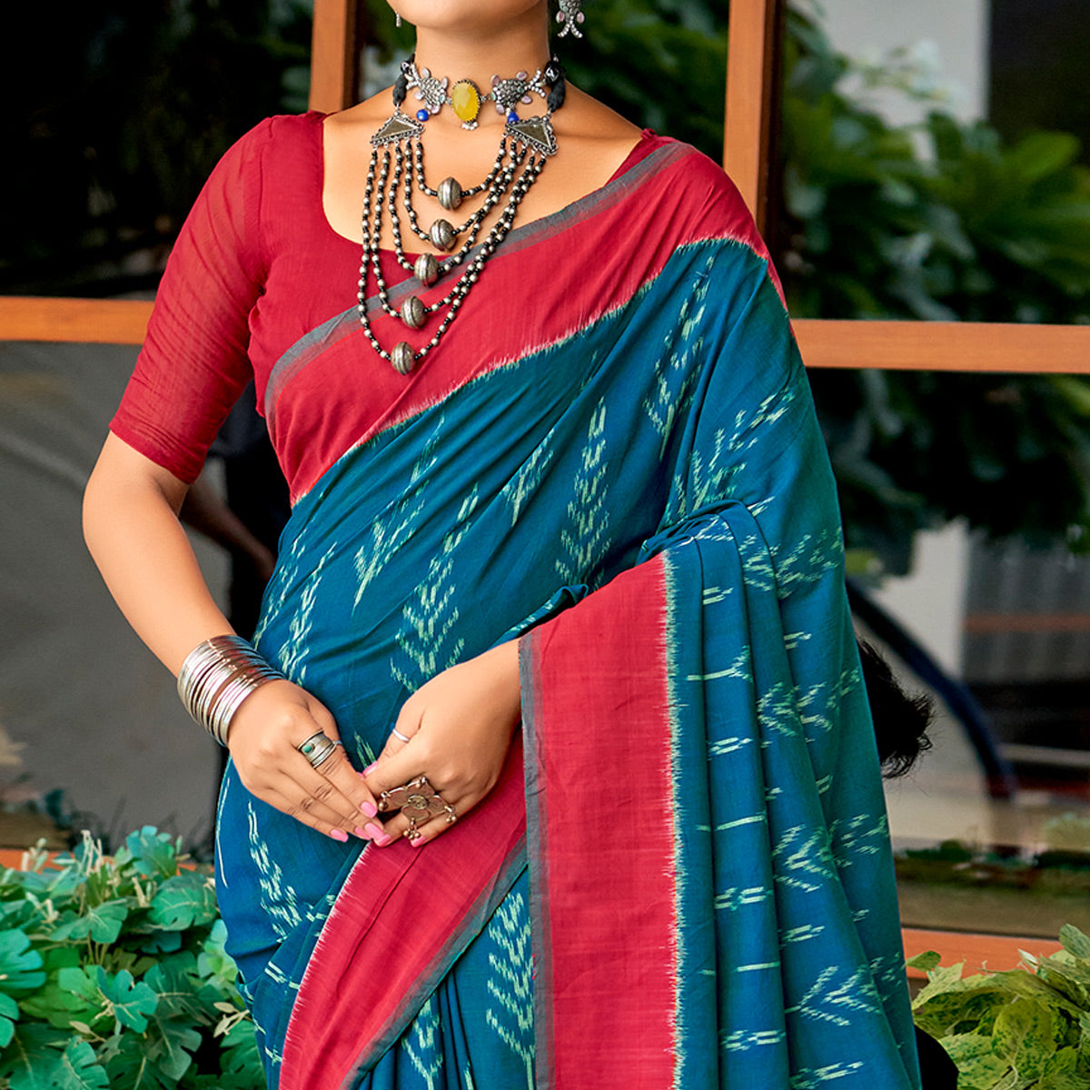 Teal & Pink Ikkat Printed Mulmul Cotton Saree