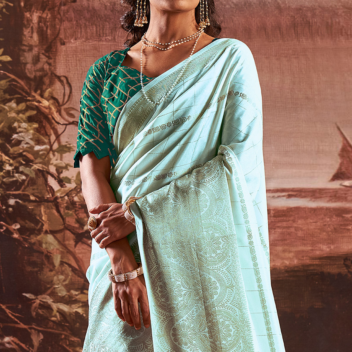 Turquoise Woven Cotton Silk Saree