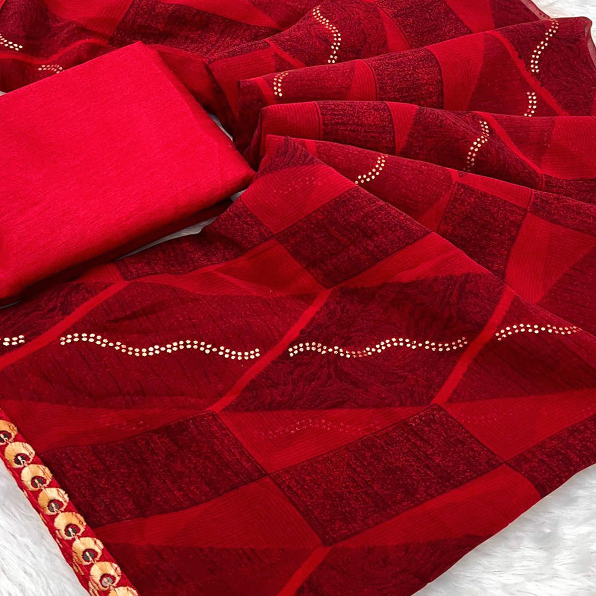 Pinkish Red Soft Crush Georgette Printed Saree