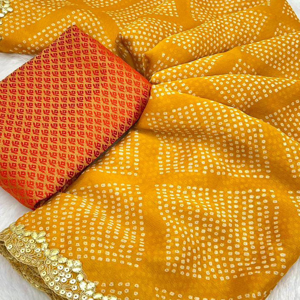 Mustard Bandhani Printed Chiffon Saree With Sequins Embroidered Border