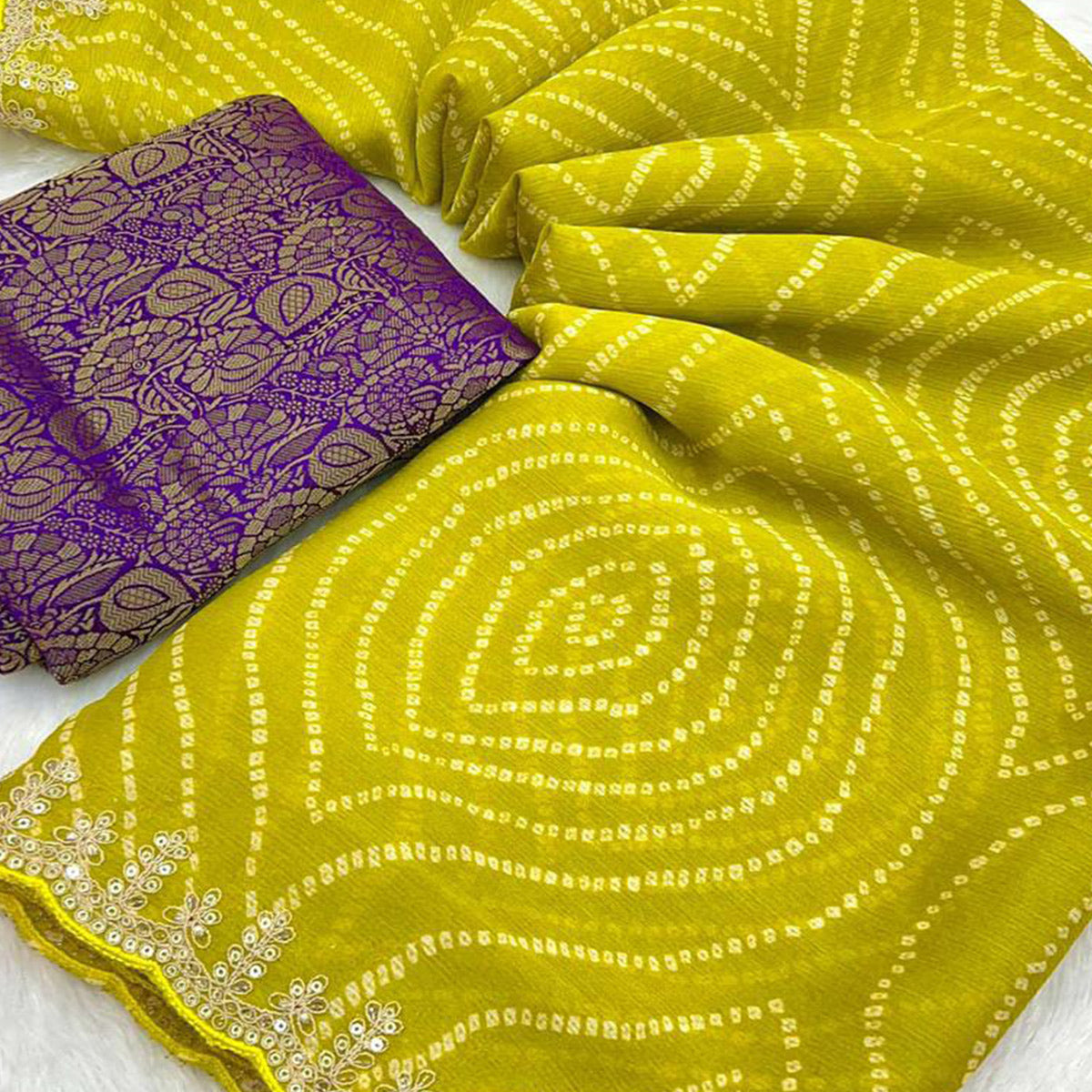 Green Bandhani Printed Chiffon Saree With Sequins Embroidered Border