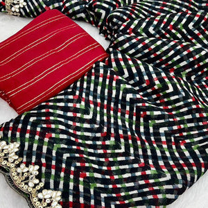 Black Zig Zag Printed Chiffon Saree With Sequins Embroidered Border