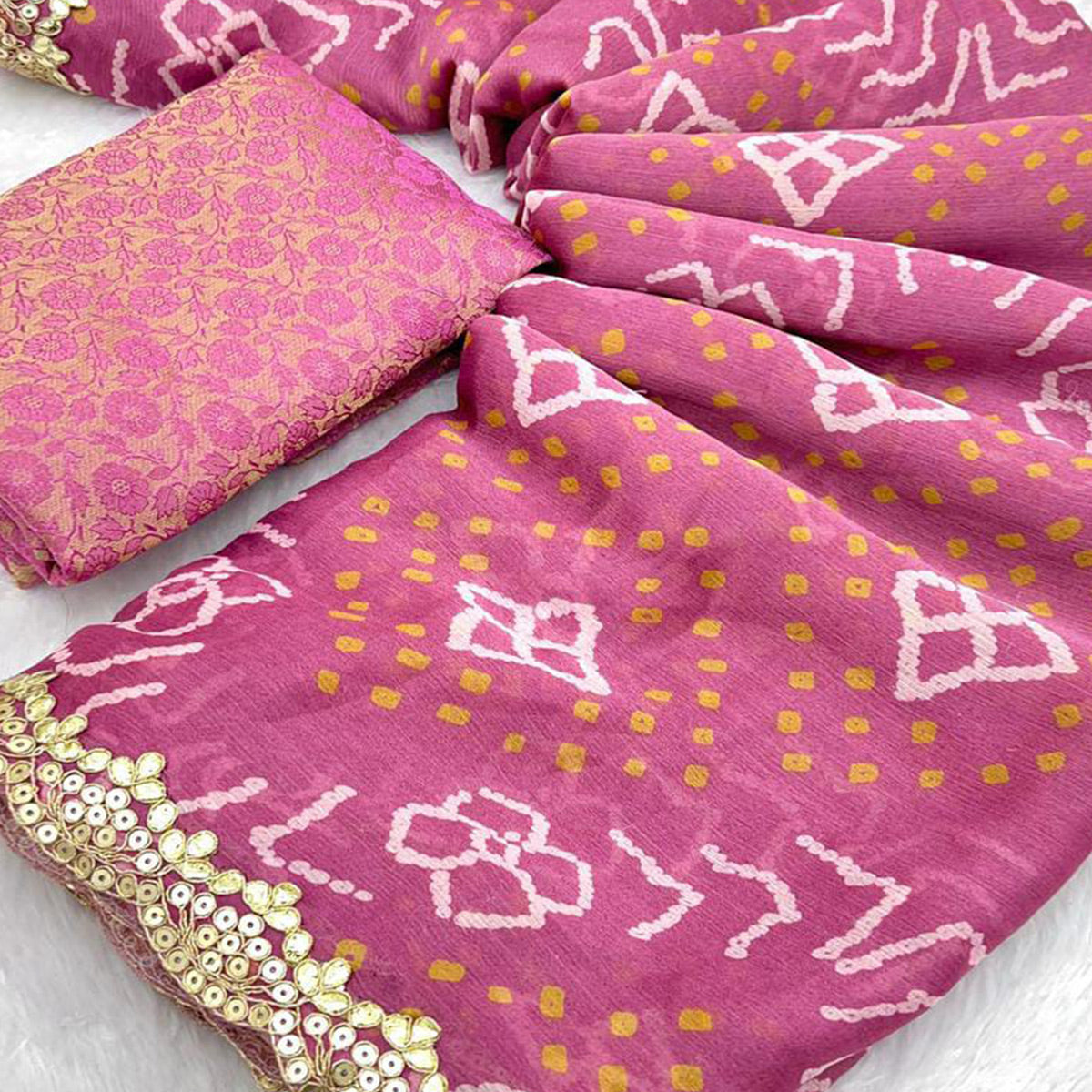 Purple Bandhani Printed Chiffon Saree With Sequins Embroidered Border