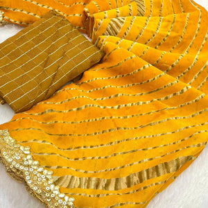 Mustard Striped Printed Chiffon Saree With Sequins Embroidered Border