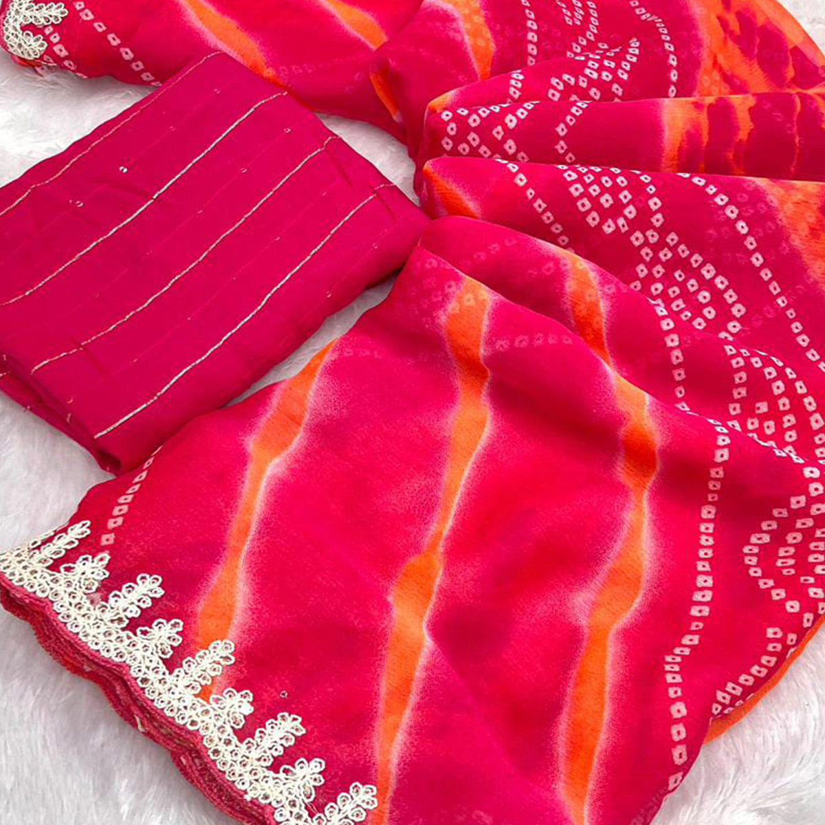Pink Leheriya Printed Chiffon Saree With Sequins Embroidered Border